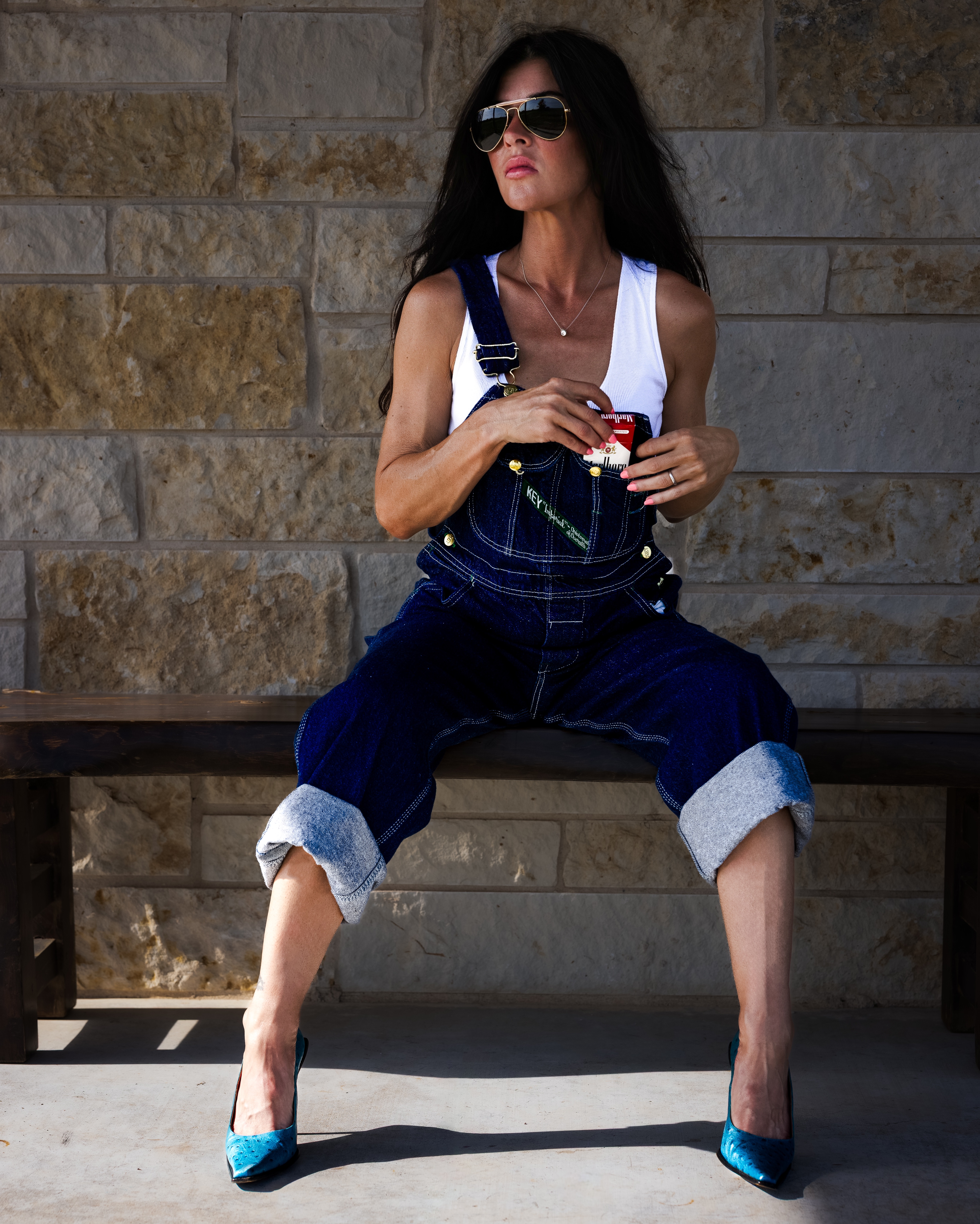 Michelle Moore Gesell in denim overalls
